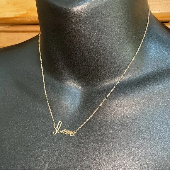 Solid Stamped14K Yellow Gold Word LOVE Cursive Script Text Necklace